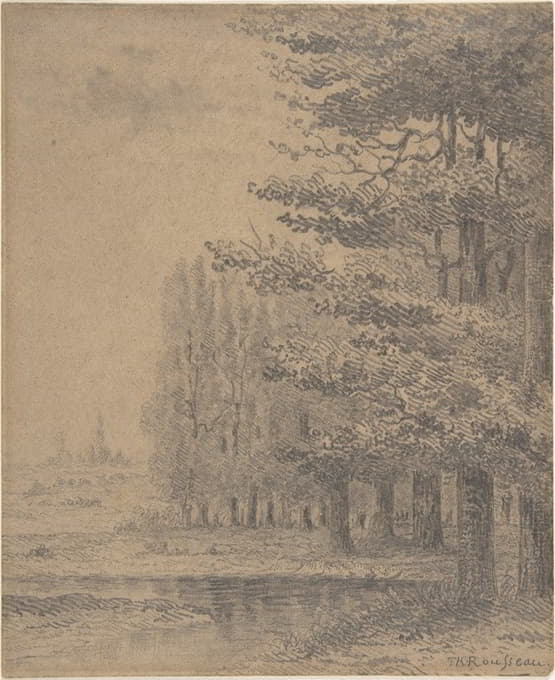 Théodore Rousseau - Landscape (A Grove of Trees Standing Near a River)