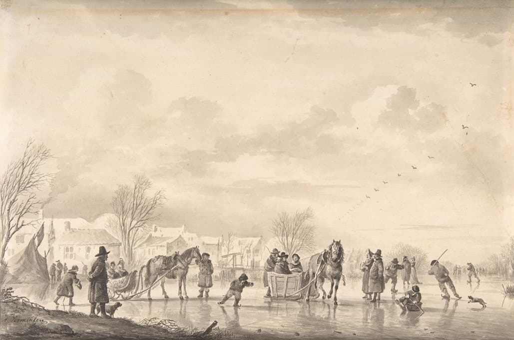 Andries Vermeulen - Winter Landscape with Skaters and Horse-Drawn Sledges on the Ice, a Village Below