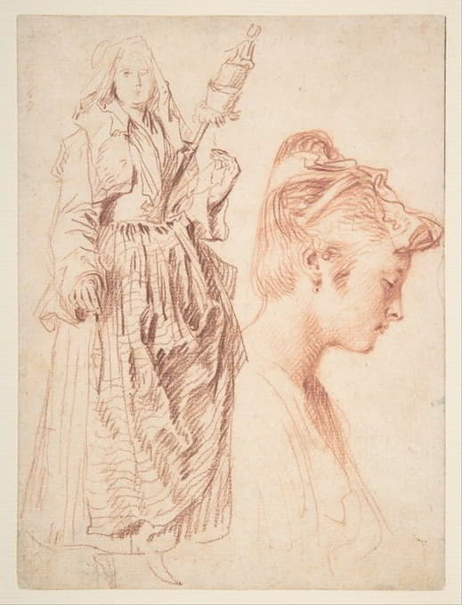 站着的女人拿着纺锤，右边是一个女人的头像