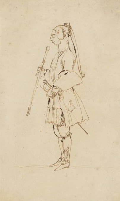 Anton Maria Zanetti the Elder - Man with a Long Pigtail and a Stick, Standing in Profile to the Left