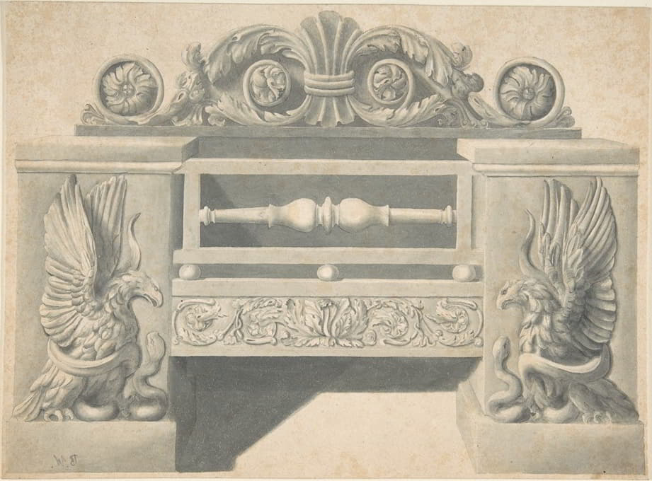 Benjamin Dean Wyatt - Design for Cast-iron Grate in Rococo Style with Putti Fire Dogs
