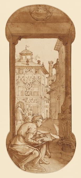 Federico Zuccaro - Taddeo Drawing after the Antique; In the Background Copying a Facade by Polidoro