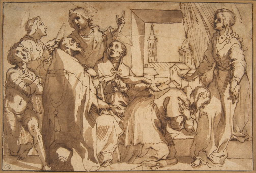 红衣主教保罗·斯芬拉托在其他圣徒的陪同下跪在圣塞西莉亚面前