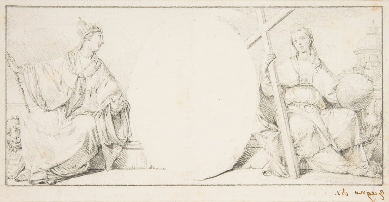 Francesco Zugno - Allegorical Figures of Religion and Venice Flanking an Empty Cartouche