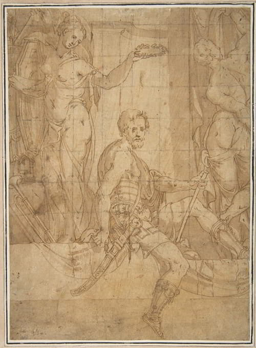 Giambattista Zelotti - Seated Warrior Between Two Figures