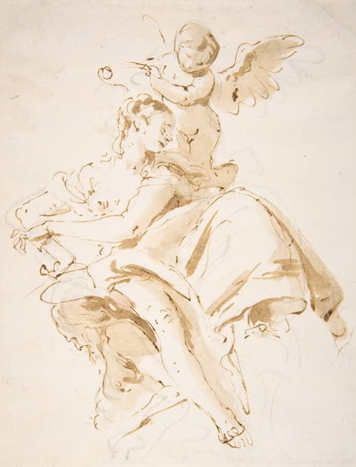 Giovanni Battista Tiepolo - Winged Putto Crowning a Seated Woman Who Looks to the Left