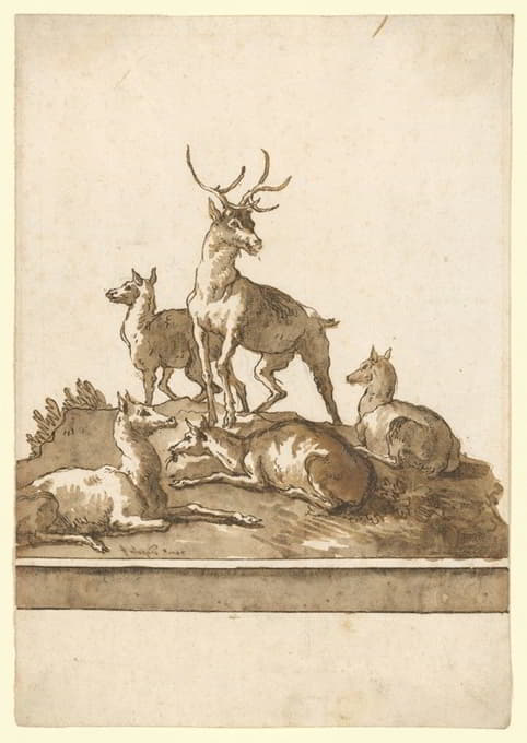 一只牡鹿和四只鹿在长满草的小丘上（带底座）