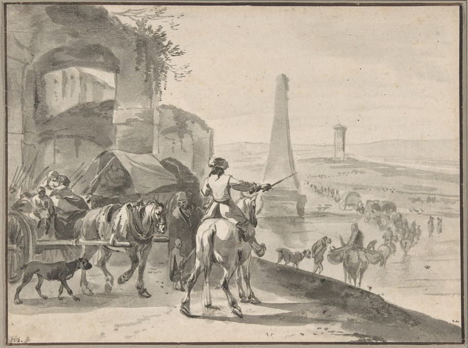 Hendrick Verschuring - Travellers and wagons fording a river in a Southern landscape