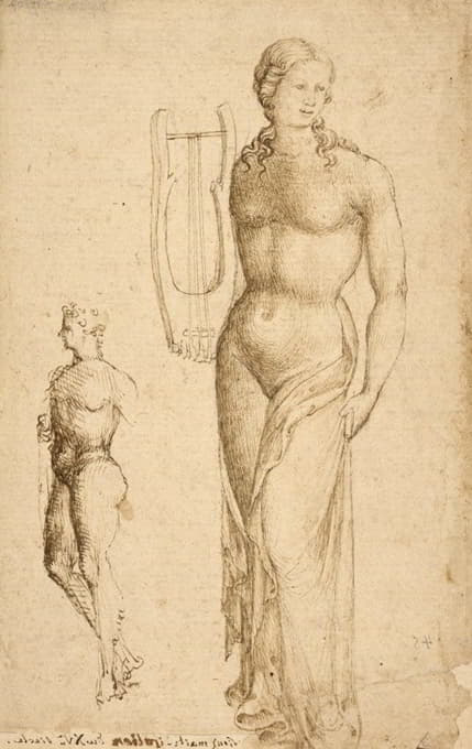 举着一个Cithara的女性形象和一个男性形象