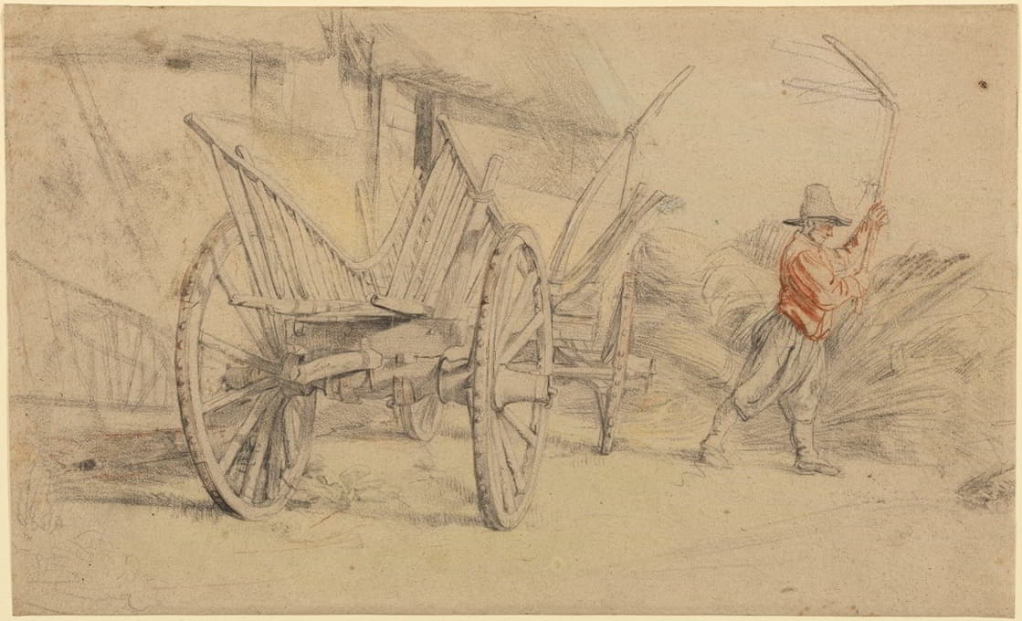 Peter Paul Rubens - A Man Threshing Beside a Wagon, Farm Buildings Behind