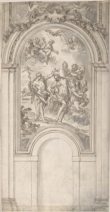 Sir James Thornhill - Design for a Baptism of Christ in an Architectural Setting
