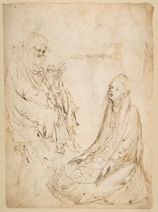 Stefano da Verona - Seated Woman and a Male Hermit in Half-length