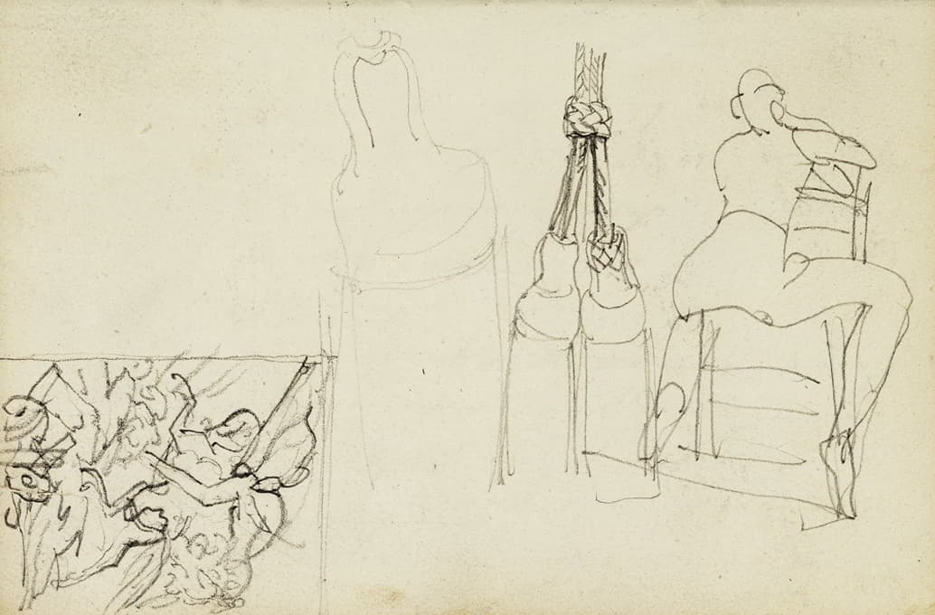 Théodore Géricault - Tassels, seated figure from behind chair, thumbnail study of Charging Chasseur