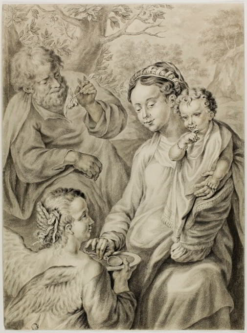 圣母与圣约瑟夫和跪着的天使一起给基督孩子喂粥