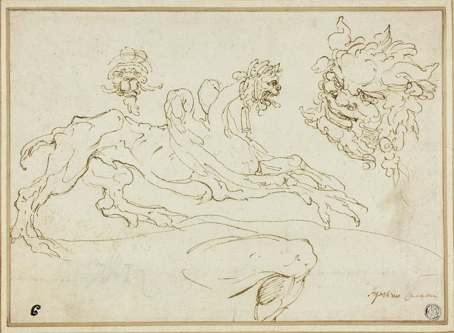 四幅素描；格里芬，怪诞的头，萨特的头，弯曲的腿