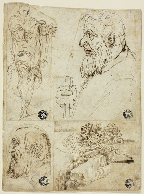 Agostino Carracci - Four Sketches; Standing Male Figure; Profile Bust of Bearded Man; Profile Head of Bearded Man; Landscape