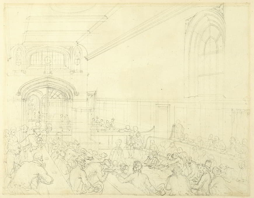 Augustus Charles Pugin - Study for Guild Hall, Examination of a Bankrupt Before His Creditors, from Microcosm of London