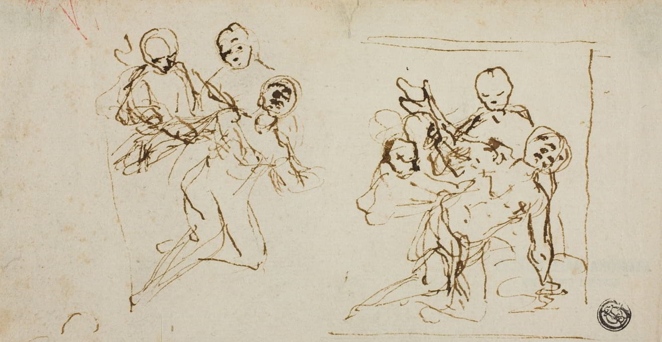 Baldassarre Franceschini - Two Composition Sketches of Collapsing Figure Supported by Two Other Figures