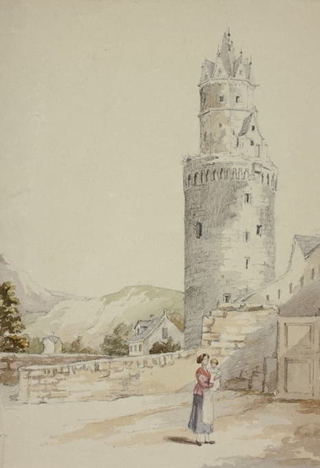 带塔楼的城墙前的妇女和儿童