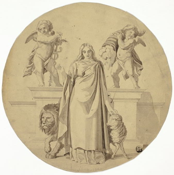 寓言中的女性形象，有狮子、羔羊、两个Putti