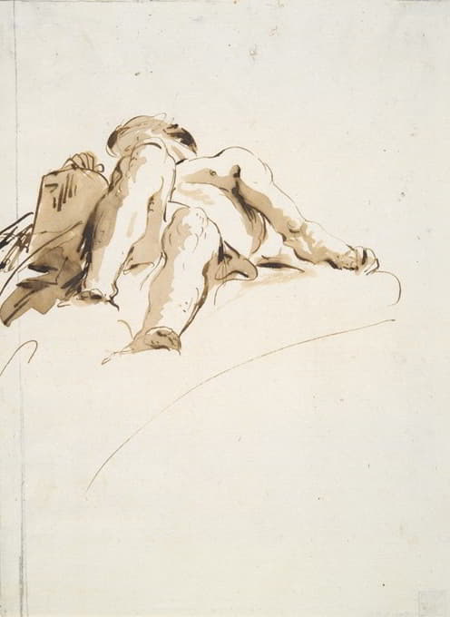 躺着的裸体男性，右手放在石碑上，从下面看