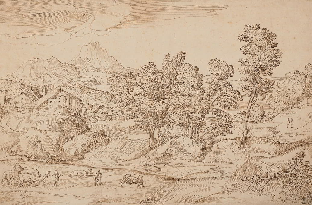 Domenico Campagnola - Paysage arboré avec des paysans et leur troupeau au premier plan