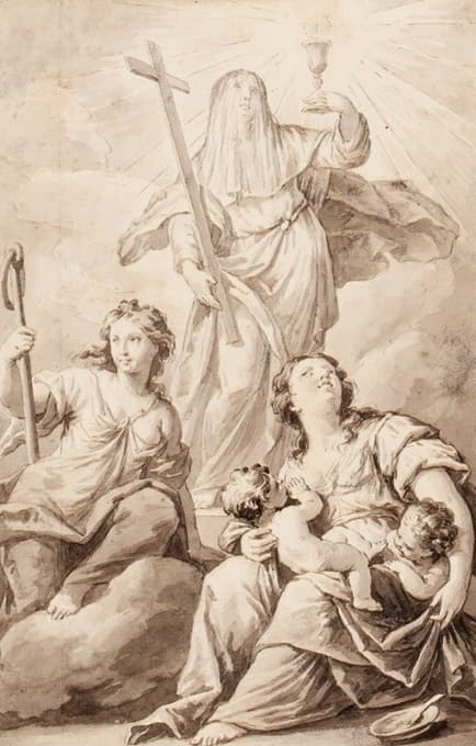 Venetian School - Saint Theresa, a second female saint and Charity (possibly preliminary study for an altarpiece)