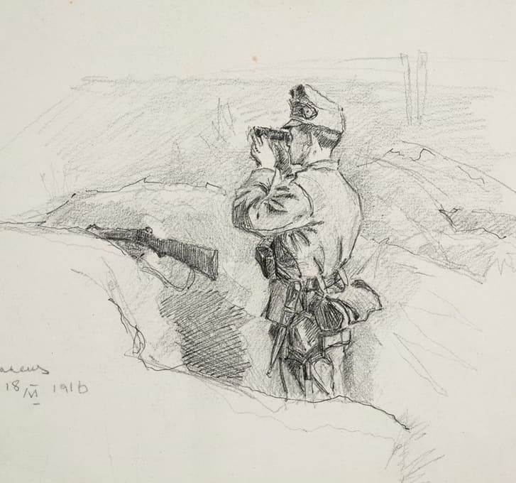 乌克兰病枪手军团的一名军官（1914-1920年），在战壕中观察一个洛尔内蒂战场