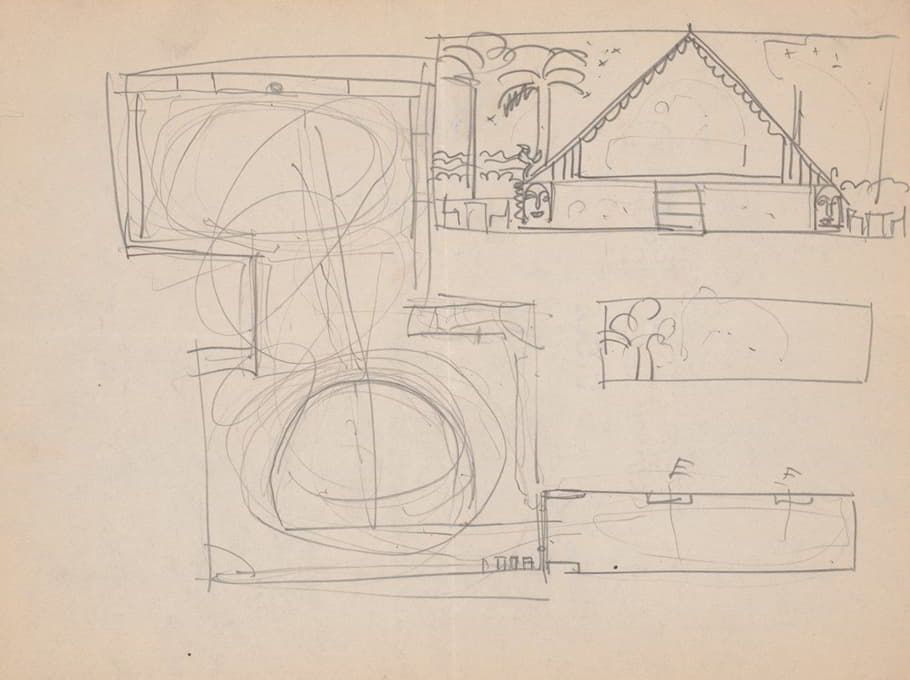 纽约71街阿拉马克和百老汇的设计草图。刚果房或“非洲屋顶”的详细信息