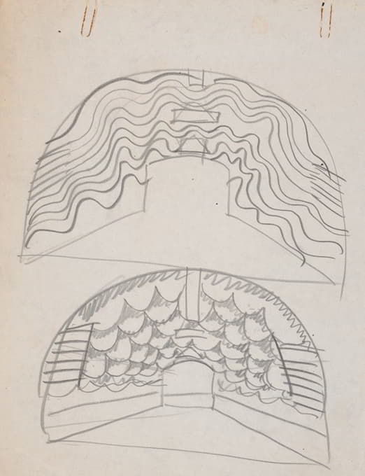 1939年纽约世界博览会剧院和音乐厅礼堂的建议处理方法。无文字方案草图，用于前台