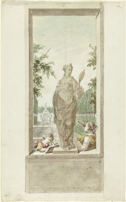 Dionys van Nijmegen - Ontwerp voor een zaalstuk; standbeeld van zintuig Gezicht, daarnaast een jongen met vergrootglas en vrouw met kijker