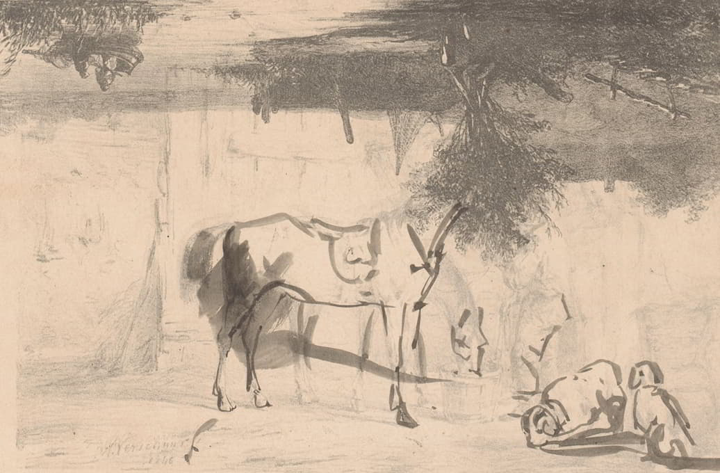Johannes Franciscus Hoppenbrouwers - Rivierlandschap en twee paarden met knecht in de stal