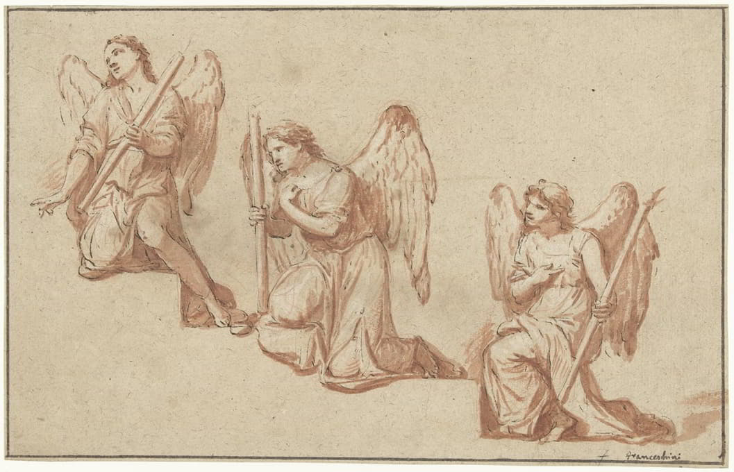 Marcantonio Franceschini - Three Studies of Kneeling Angels Torches