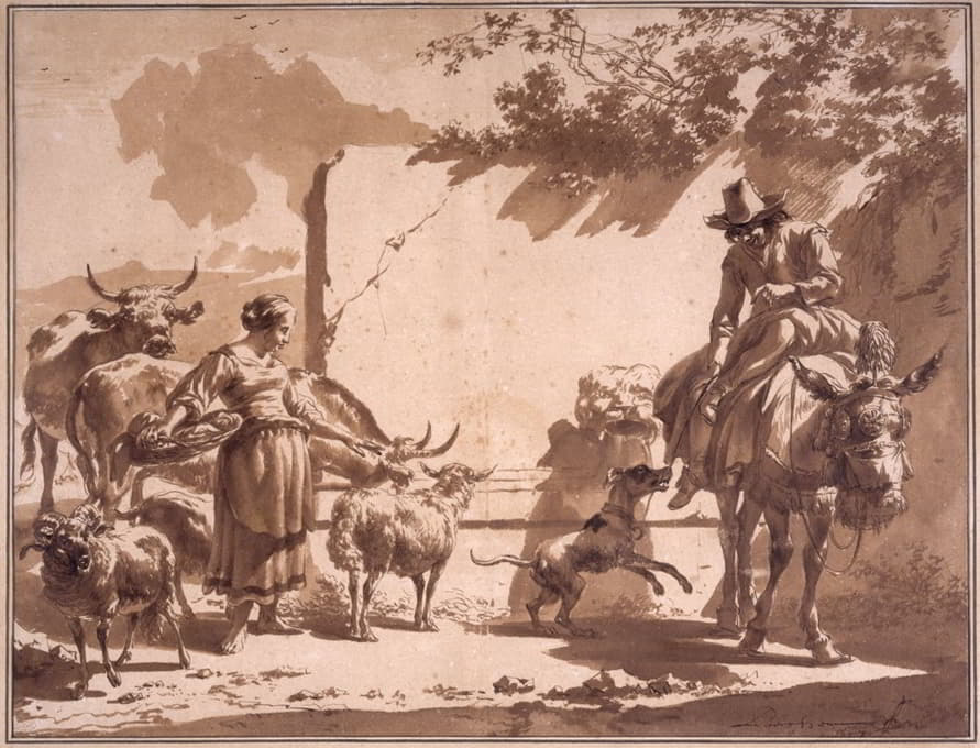 Nicolaes Pietersz. Berchem - Muletier et bergère avec du bétail, près d’une fontaine (Lugt 6)