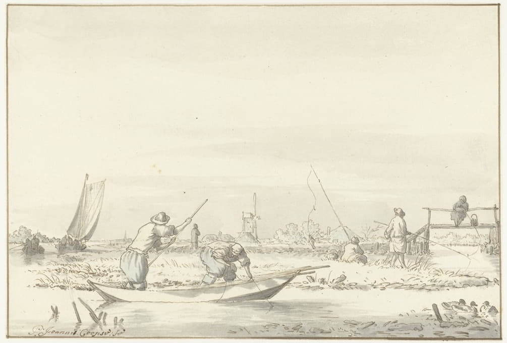 Pieter Coopse - Polderlandschap met vissers