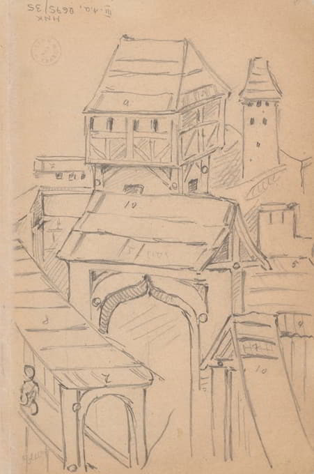 Stanisław Wyspiański - Buildings with towers and gates. Drawing of the bas-relief on the wing of the triptych of St Stanislaus in the Chapel of Guardian Angels at St Mary’s Church in Krakow