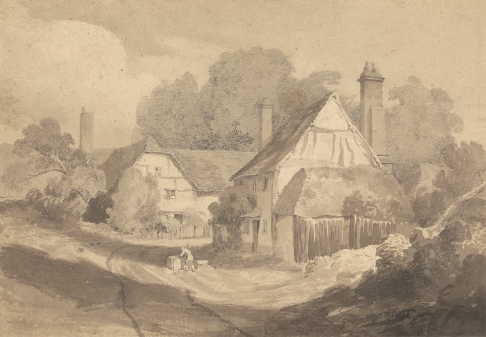 Cornelius Varley - Cottages at Letherhead Surrey