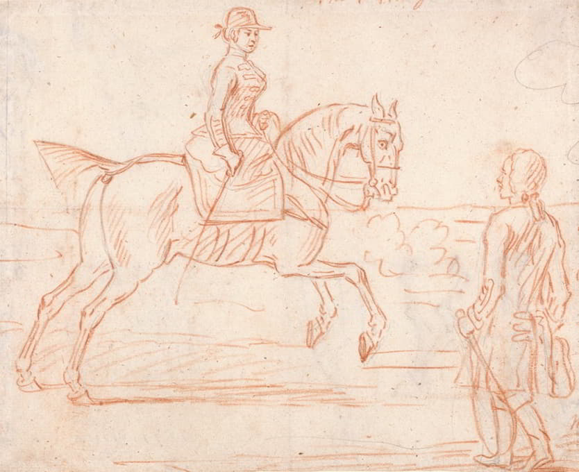 一位女士坐在旁边的马鞍上，转身看着一位下马的骑手