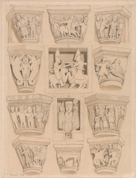 John Sell Cotman - Capitals and A & B Bas-Reliefs in the Abbey Church of Saint Georges de Bocherville, near Rouen, Normandy