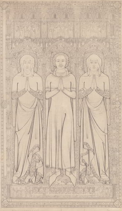 1364年，诺福克林恩圣玛格丽特教堂，罗伯特·布劳恩和他的两位妻子的坟墓铜像