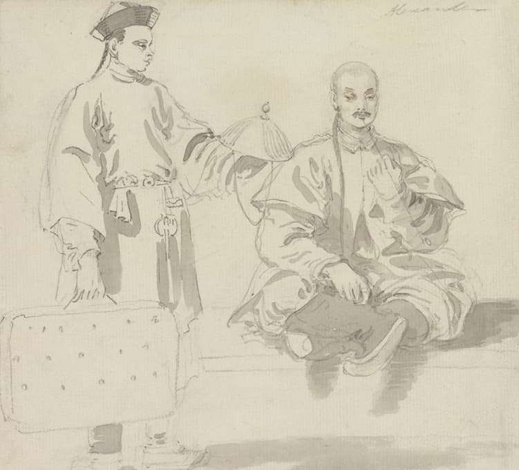 两个中国人，一个卖帽子的，一个盘腿坐着抽烟斗的