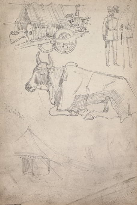 手推车、士兵和公牛的草图