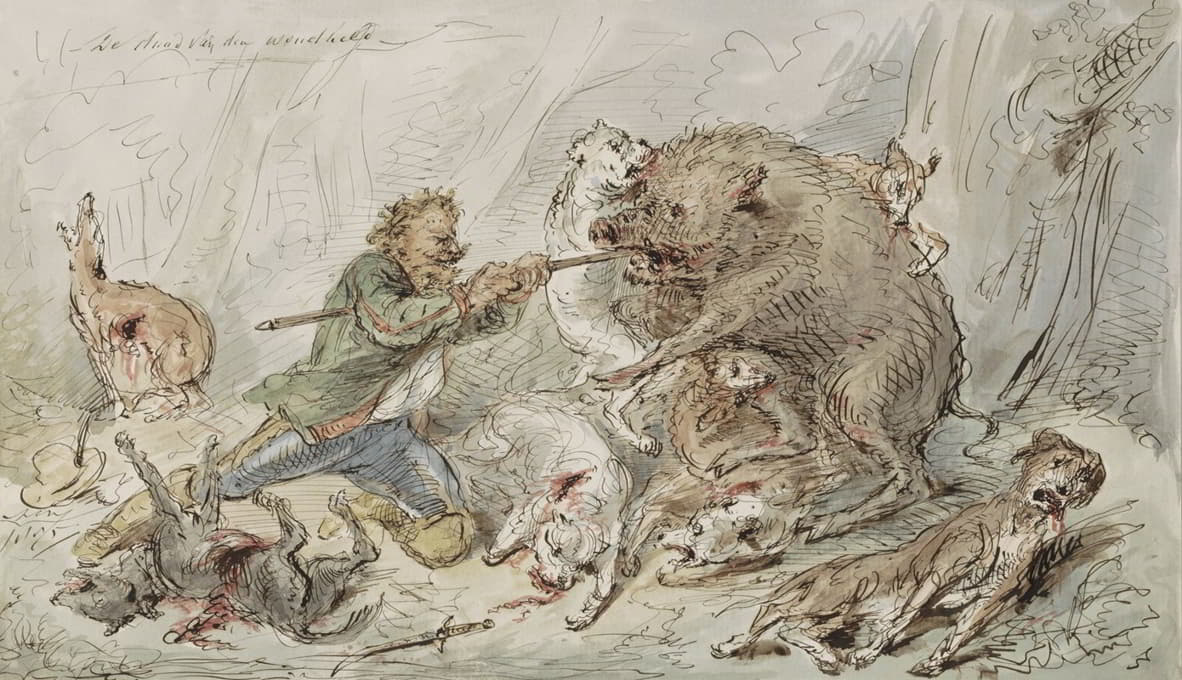 Alexander Ver Huell - Man die een wild zwijn doodt in een woud