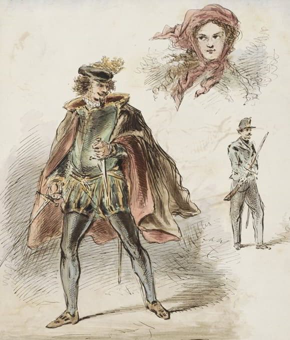 一个穿着历史服装的男人，一个戴头巾的女人和一个士兵