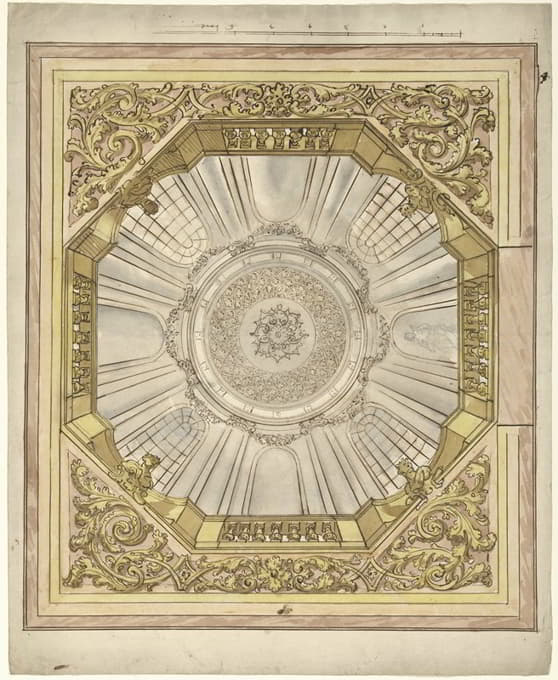 天花板草图，带有幻觉式圆顶轴，其中有一朵玫瑰
