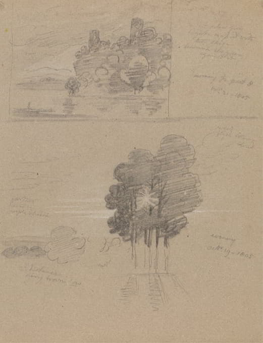 城堡和树木的两幅素描；早晨和晚上
