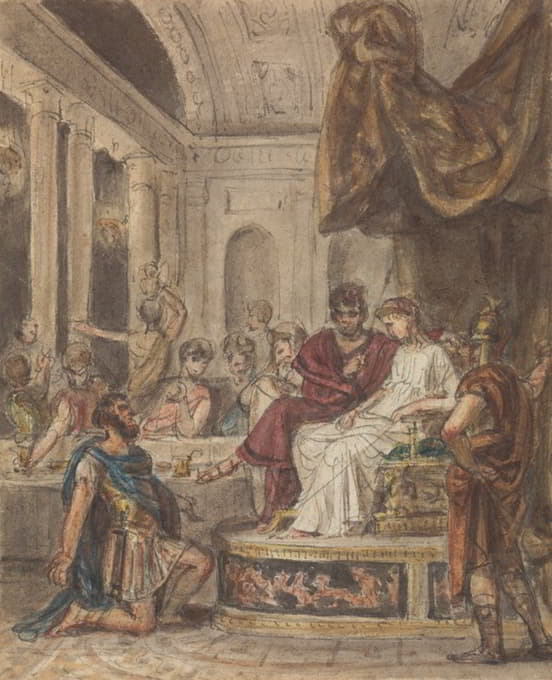 宴会现场，一名罗马士兵跪在坐在王座上的一位家庭成员面前