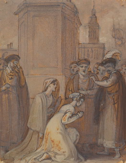 伊莎贝拉和玛丽安娜跪在公爵面前