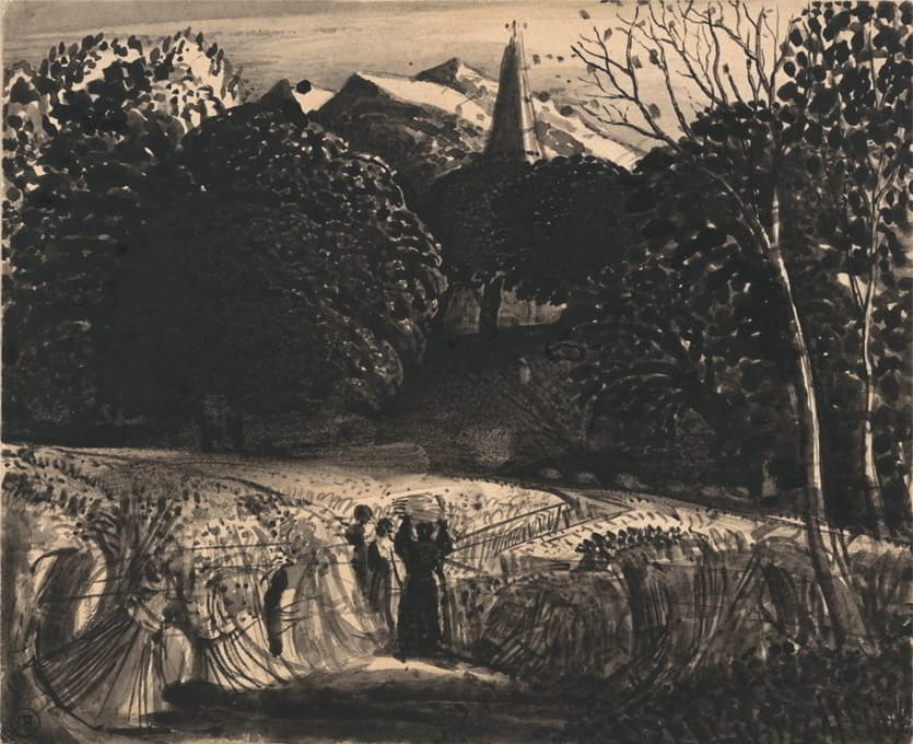 Samuel Palmer - Cornfield and Church by Moonlight