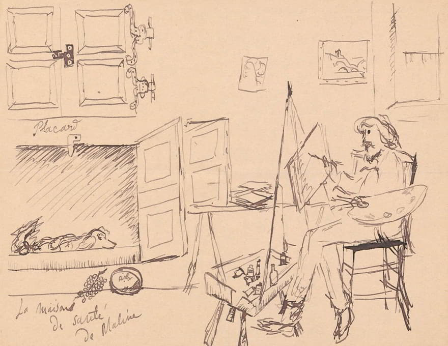 Tadeusz Makowski - Letter to Maria Mickiewiczówna with a drawing [self-portrait of the artist painting a picture at their workshop, with the ill dog Malina lying in its